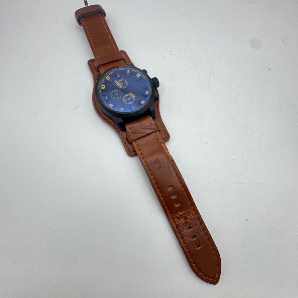 Mens Chronograph Style Watch Blue Dial Brown Bund Strap Japan Movement Working